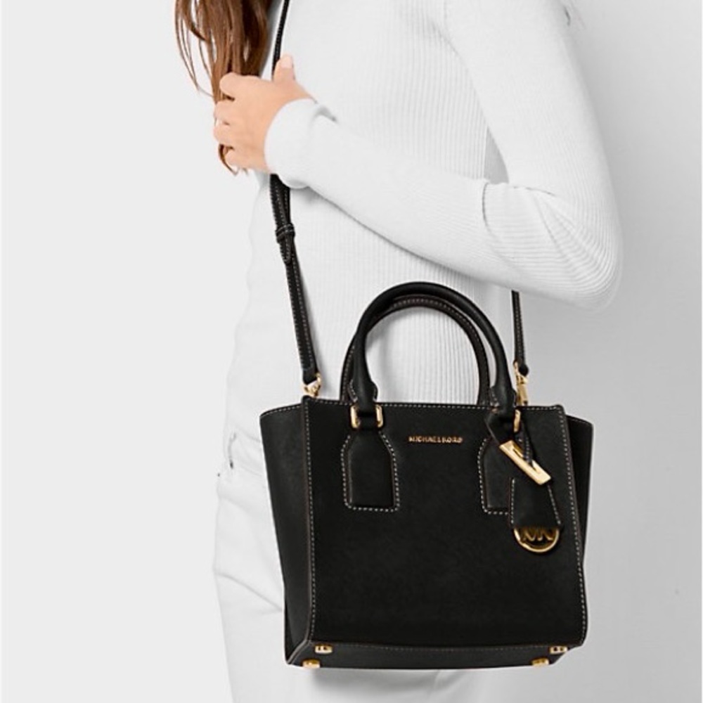 MICHAEL KORS Selby Black Pebbled Leather Crossbody Top Handle Bag Purse Gold